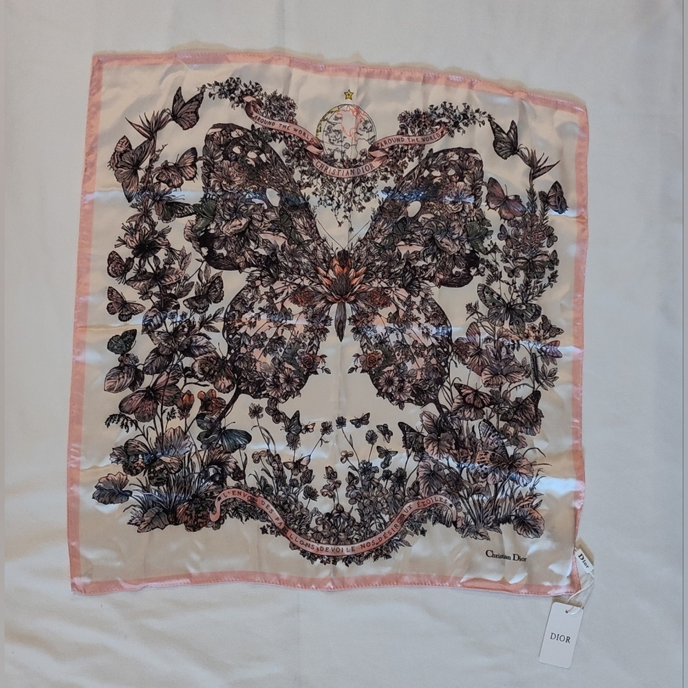 Christian Dior Silk Scarf Pink Butterfly Floral Around the World Italy GWP NWT